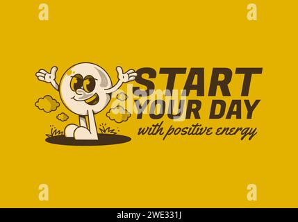 Start your day with positive energy. Ball head mascot character with hands up and happy expression Stock Vector