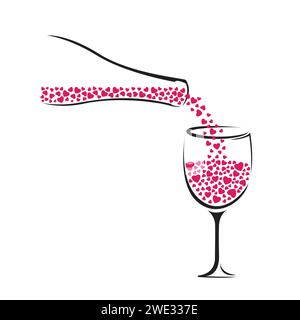 Wine glass and bottle wine with heart vector illustration. Stock Vector