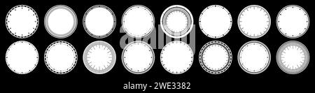 Mechanical clock faces, bezel. Watch dial with minute and hour marks. Timer or stopwatch element. Blank measuring circle scale with divisions. Vector Stock Vector