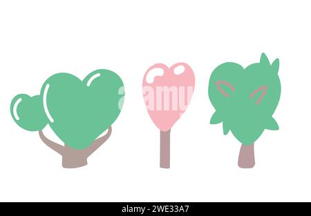 A set of trees with a crown in the shape of a heart. Art for Valentines Day. Vector illustration isolated Stock Vector