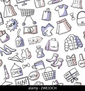 Market pattern doodle set of shopping collection items basket sale tags vector seamless background Stock Vector