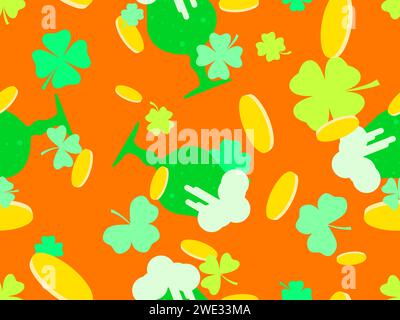 Seamless pattern with glasses of green beer, clover leaves and gold coins for St. Patrick's Day. Glasses of beer on a stem with foam in a flat style. Stock Vector