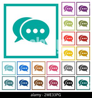 Two oval active chat bubbles solid flat color icons with quadrant frames on white background Stock Vector