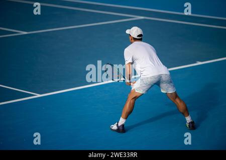 female Professional athlete Tennis player playing on a court in a tennis tournament in summer Stock Photo