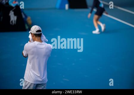 female Professional athlete Tennis player playing on a court in a tennis tournament in summer Stock Photo