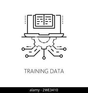 Machine learning training data, AI artificial intelligence algorithm icon. Artificial intelligence science, robotic smart algorithm and computer technology vector icon with laptop, book and gear wheel Stock Vector