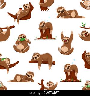 Cartoon sloth character seamless pattern, vector background with cute lazy sleeping animal. Sloth pattern or tropical jungle sleepy bear hanging on tree, sleeping or snooze and drinking coffee Stock Vector
