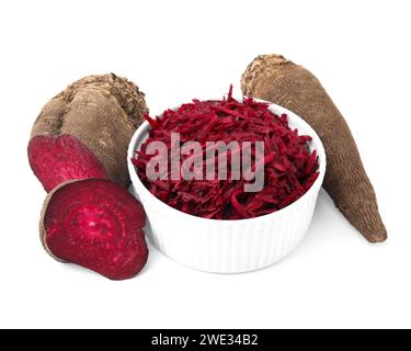 Whole, cut and grated red beets in bowl isolated on white Stock Photo