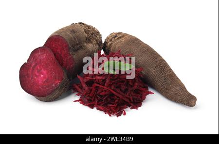 Whole, cut and grated red beets isolated on white Stock Photo