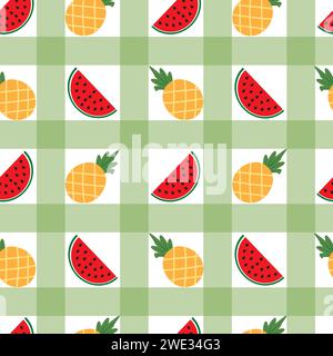Gingham plaid, tartan fabric texture with watermelon and pineapple, vector seamless pattern. Summer fruits checkered repeat pattern textile design, wa Stock Vector