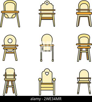 Dinner feeding chair icons set. Outline set of dinner feeding chair vector icons thin line color flat on white Stock Vector