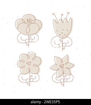 Man with flower set drawing in minimalism linear style drawing on beige background Stock Vector