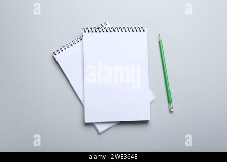 Notebooks and pencil on light grey background, top view Stock Photo