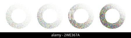 Round shaped dotted objects, vintage stipple elements. Fading gradient. Stippling, dotwork drawing, shading using dots. Colored disintegration effect Stock Vector