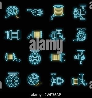 Sport fishing reel icons set. Outline set of sport fishing reel vector icons neon color on black Stock Vector