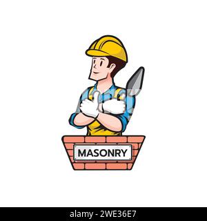 The Builder bricklayer logo icon isolated masonry cartoon  style male character on white background  vector illustration Stock Vector