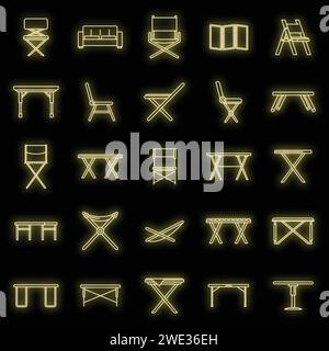 Picnic folding furniture icons set. Outline set of picnic folding furniture vector icons neon color on black Stock Vector