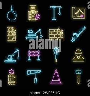 City demolition work icons set. Outline set of city demolition work vector icons neon color on black Stock Vector
