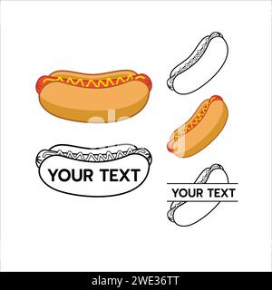 Vector illustration of hotdog.Vector set of isolated elements of street fast food Hot dog. Hot dog hand drawn in doodle style black outline and silhou Stock Vector