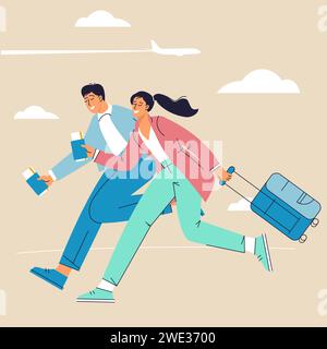 Young man and woman in rush to boarding Stock Vector