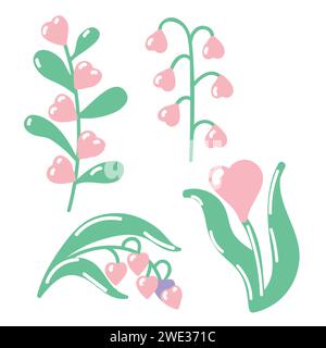 Set of plants with flowers in the shape of hearts. Vector illustration isolated on white background. Vector illustration Stock Vector