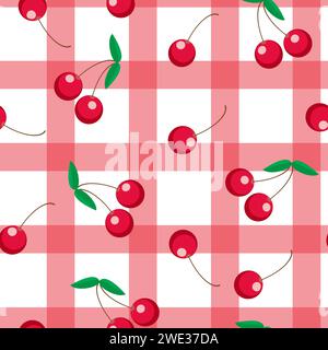 Cherry gingham plaid, tartan fabric texture, vector seamless pattern. Checkered repeat pattern textile design, wallpaper, background. Stock Vector