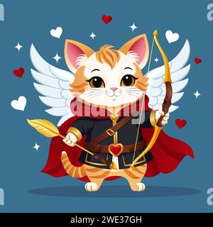 Romantic kitten Cupid with wings, golden bow and arrows for Valentines Day. Valentines card with cute animals in cartoon style. Vector illustration. Stock Vector