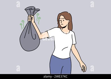 Woman with bag of smelly garbage in hands carries waste into trash can and feels disgusted because of bad smell. Girl throws out organic waste in dark plastic bags, not wanting to sort garbage. Stock Vector