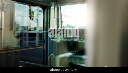 Train, window and rail transportation for commute or control room for travel, adventure or public. Platform, tourism and safety service in Japan for Stock Photo