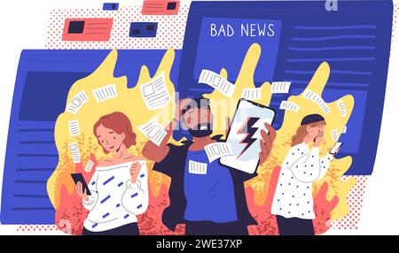 Doomscrolling. People reading upsetting news and negative trends excess information lot screens overwhelmed data endless flow internet content info chaos classy vector illustration of upset news Stock Vector