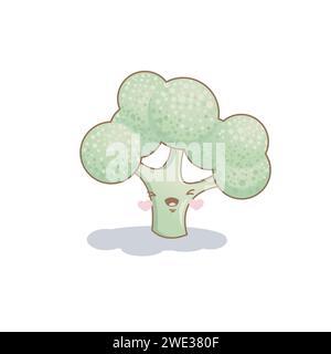 Cute funny broccoli vegetable cartoon kawaii style,Broccoli green vegetable mascot on white background vector illustration Stock Vector