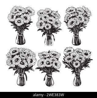 Vector bouquet of daisies in a transparent vase. Linear detailed drawing. Stock Vector