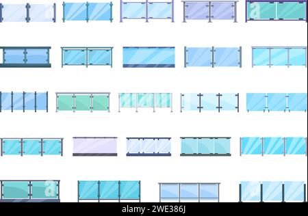 Glass banister balcony icons set cartoon vector. Rail fence. Terrace metal Stock Vector