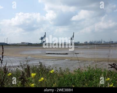 Old ship remains and cranes in Middlesbrough Harbour Stock Photo