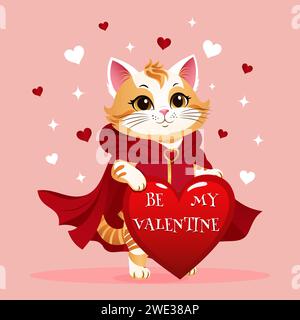 Vector illustration with a cute cat and a heart for Valentines Day. Valentine card with cute animals in cartoon style. Stock Vector