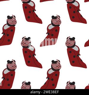 Cute character in a carnival costume of a cute ladybug. Seamless pattern. Vector illustration. Stock Vector
