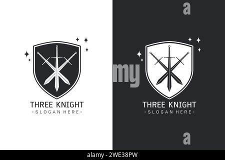 Stylized image of Three swords in shield logo template, Crossed Swords Silhouette tattoo, Three Musketeers concept Medieval Weapons on white backgroun Stock Vector