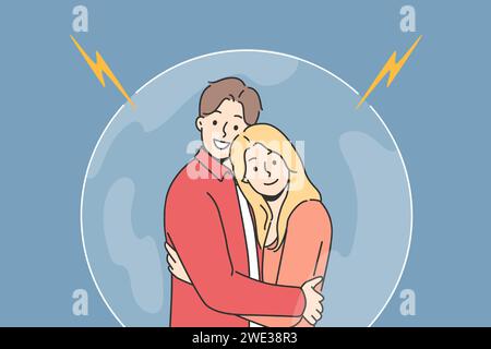 Couple in love hugs, standing in protective cocoon, feeling safe thanks to presence other half. Couple from Boyfriend and girlfriend are protected by bubble that prevents violation of personal space Stock Vector