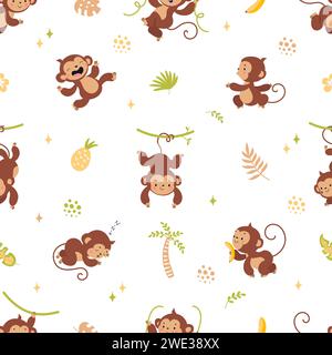 Monkey seamless pattern. Childish monkeys fabric print design. Funny jungle characters, rainforest wild animals. Cartoon nowaday vector background Stock Vector