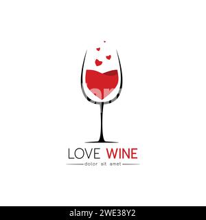 Beautiful Simple love wine concept design for logo, Stylized image of Wine logo template, Wine Logo with wine glass Icon and label for design menu res Stock Vector