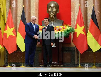 Hanoi, Vietnam. 23rd Jan, 2024. Federal President Frank-Walter Steinmeier and Vo Van Thuong, President of Vietnam, meet for talks at the Presidential Palace. Federal President Steinmeier and his wife visit Vietnam and Thailand during a four-day trip to Southeast Asia. Credit: Bernd von Jutrczenka/dpa/Alamy Live News Stock Photo