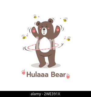 Cartoon style brown bear playing hula hoop sport cartoon character, Cute Bear with Bees,Teddy Bear Isolated on white background Vector Illustration Stock Vector