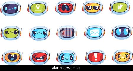 Robot emoji. Robots avatar expression, bot laughing face smile emotion computer eyes, cute emotional chatbot happy character, futuristic funny droid set vector illustration of emoji expression face Stock Vector