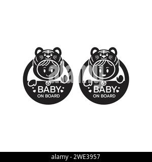 Baby on board sign logo icon isolated. Child safety sticker warning emblem. Cute Baby safety design illustration,Funny small smiling boy and girl wear Stock Vector