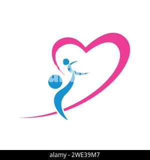 Mom, baby, and heart. Logo template. Mother's care sign. Symbol of parental love. Vector illustration. Icon mother and baby. Logo vector design templa Stock Vector