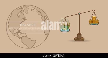 World globe on a scale with heaps of gold dollar coins.The different of Environmentally landscape factory and forest ,green earth- ecology concept gre Stock Vector