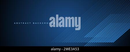 Dark blue abstract modern background with blue glowing stripes. Futuristic technology concept banner design. Vector illustration horizontal wide Stock Vector