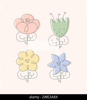 Man with flower set drawing in minimalism linear style drawing color on beige background Stock Vector