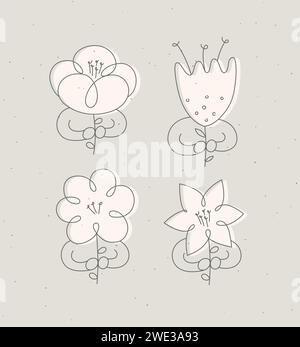 Man with flower set drawing in minimalism linear style drawing on beige background Stock Vector