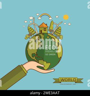 World Environment Day. Vector illustration with hands holding the earth globe and wind turbine, bike , solar cell ,house, and trees. Concept for poste Stock Vector